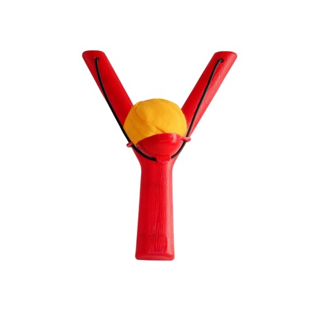 Plastic children's slingshot isolated on white background, color redの写真素材