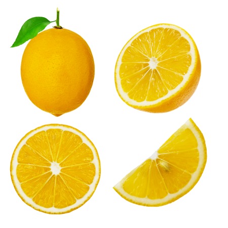 Collection of whole and cut lemon fruits isolated on white backgroundの写真素材