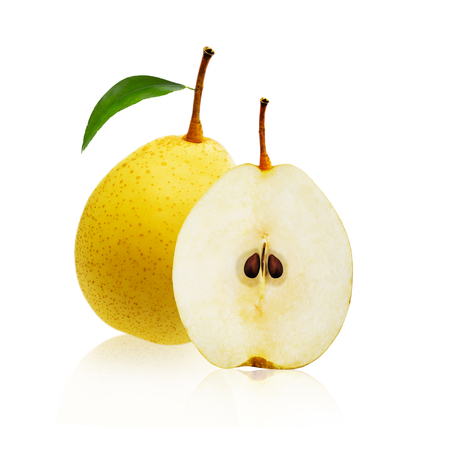 One whole yellow pear fruit and one cut in half isolated on white backgroundの写真素材