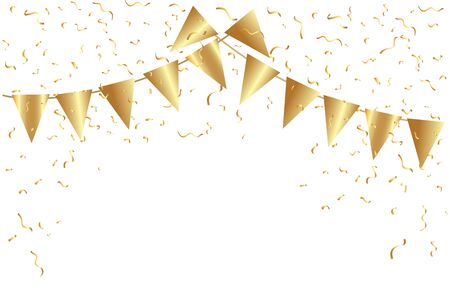 Many golden flags and confetti ribbon isolated on white background.のイラスト素材