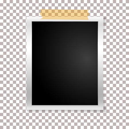 Frame retro photo on transparent background. Vintage vertical blank old photography on sticky tape. Vector illustrationのイラスト素材