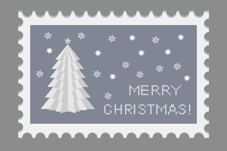 Christmas beautiful stamp with holiday symbols and elements of decoration. Creative paper Christmas tree, snowman. Origami. Vector illustrationのイラスト素材