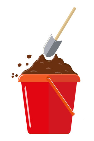 Plastic bucket to the ground and shovel. Isolated on white background. Vector illustrationのイラスト素材
