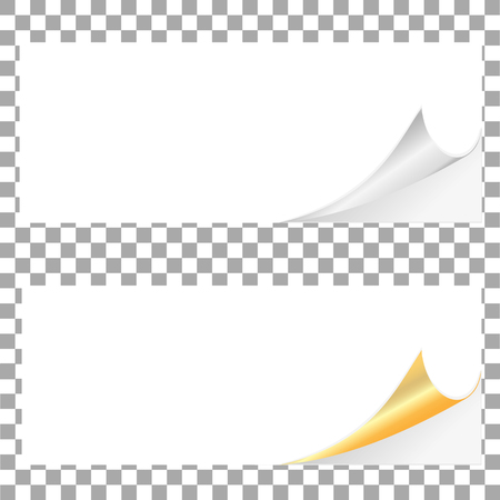 Silver, Gold curled corner with reflection and shadow on blank sheet of paper. The rolled angle of the magazine.のイラスト素材