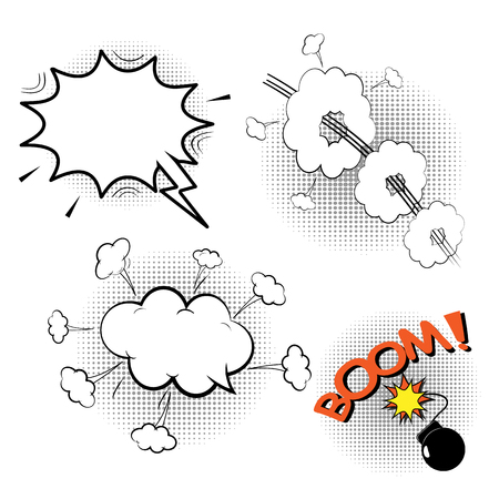 Set retro comic bubbles. Cartoon of blank template in Pop Art style. Halftone background. Vectorのイラスト素材