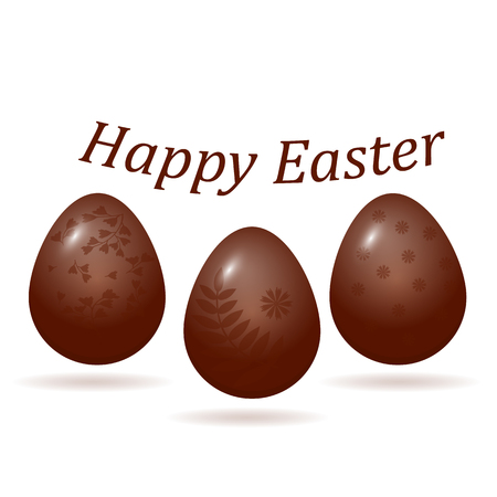 Easter holiday. Bright postcard with three decorated chocolate eggs. Isolated on white background. Vectorのイラスト素材