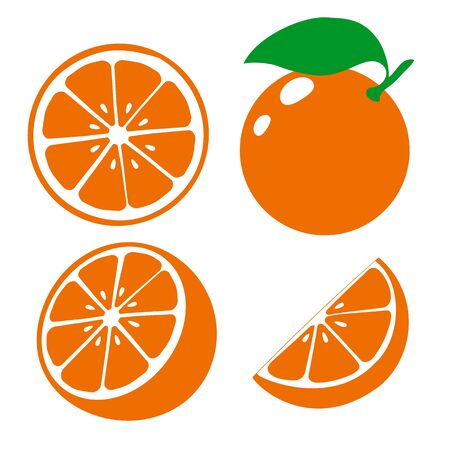 Icon orange fruits. Set fresh orange and slice. Isolated on white background. Vector illustrationsのイラスト素材