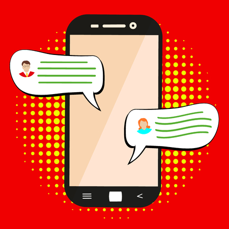 Sending message. Concept of a mobile chat or conversation of people via mobile phones. Flat cartoon illustration for web banners, sites, infographics design. Vectorのイラスト素材
