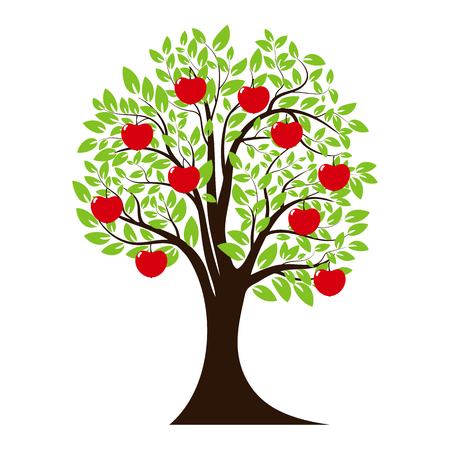 Green tree silhouette. Tree with Apple fruit. Isolated on white background. Vector illustrationのイラスト素材