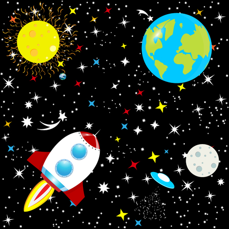 Abstract background the constellation of the Galaxy on a black background. The starry sky of the universe. Spaceship in space among stars, planet Earth and stars. Vector.のイラスト素材