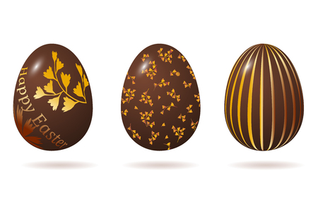 Easter egg 3d. Chocolate brown eggs set. Isolated on white background. Happy Easter celebration. Vector illustrationのイラスト素材