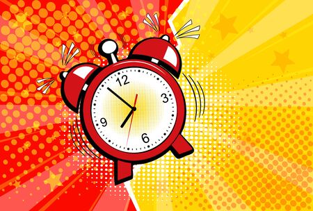 Red alarm clock in pop art style . Vector halftone retro comic texture. Yellow background superhero. Lightning blast halftone dots.のイラスト素材