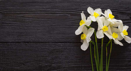 Beautiful flowers on a dark, black wooden textured background. Spring bouquet. Flat lay, top view, copy space.の写真素材