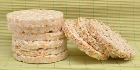 crackers on bamboo napkin. Includes rice, wholegrain, rye and rice cracker