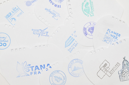 ASTANA, KAZAKHSTAN - SEPTEMBER 8: Stamps of participating countries on Expo 2017 Future Energy in Astana on September 8, 2017.のeditorial素材