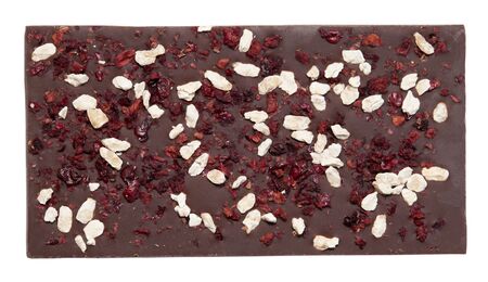 Chocolate with nuts and fruits isolated on white. Horizontal composition. Top view