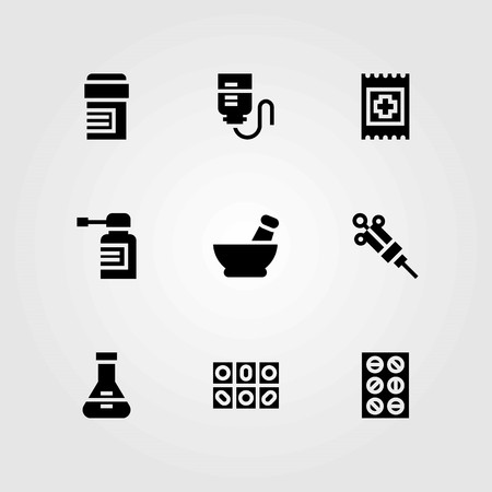 Medical vector icons set. flask, syringe and tabletsのイラスト素材