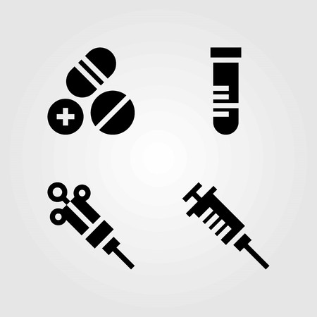 Medical vector icons set. syringe, pills and test tubeのイラスト素材