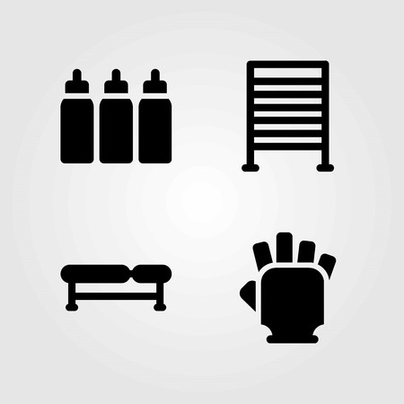 Fitness vector icons set. gym bars, bench and gym glovesのイラスト素材