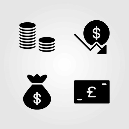 Money vector icons set. coins, bag and money bagのイラスト素材