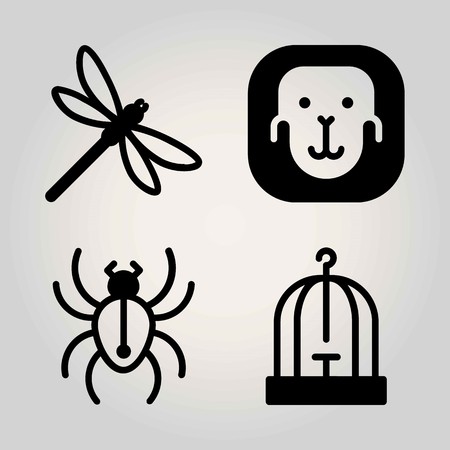 Animals vector icon set. spider, dragonfly, bird cage and apeのイラスト素材