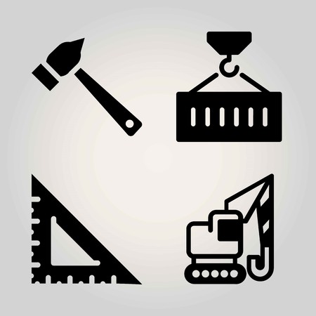 Construction vector icon set. hammer, set square, crane and containerのイラスト素材