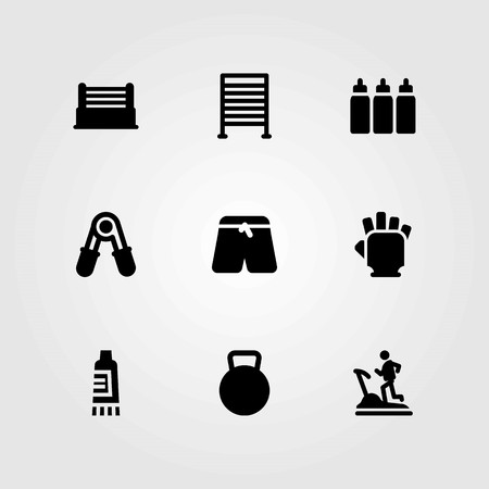 Fitness vector icons set. gloves, gym bars and sports pantsのイラスト素材