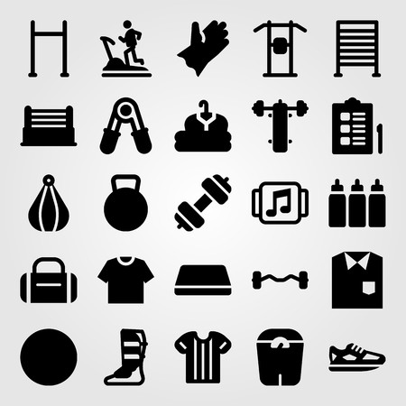 Fitness vector icon set. running shoes, gym mat, ball and gloveのイラスト素材