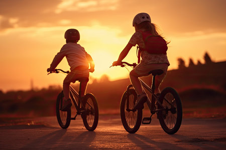 Silhouette of a boy and a girl riding bikes at sunsetの素材