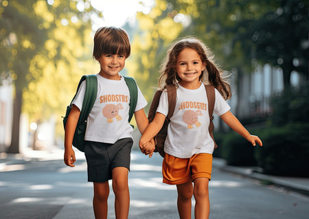 Back to school. Full length portrait of two little children holding hands and smiling while going to schoolの素材