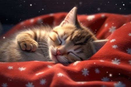 Cute little cat sleeping on red blanket with snowflakes.の素材