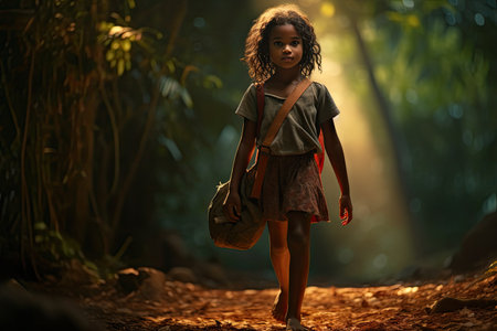 Cute african american girl with backpack walking in the forestの素材