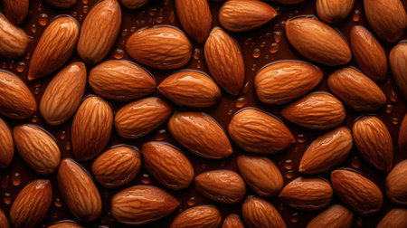Almonds with water drops on a dark background. Close up.の素材