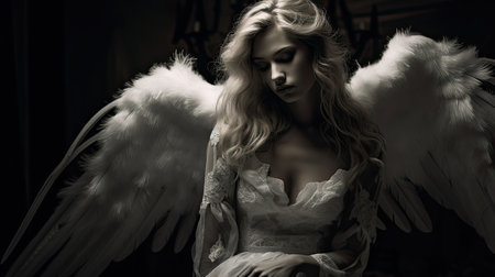 Beautiful blonde woman with angel wings. Black and white photo.の素材