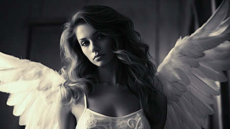 Beautiful young woman with angel wings, black and white photo.の素材