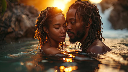 Beautiful African American couple relaxing in swimming pool at sunsetの素材