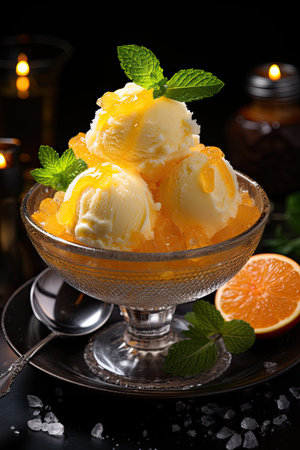 Scoops of orange ice cream in a glass bowl. Selective focus.の素材