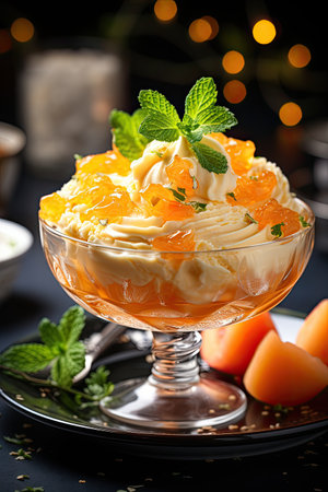 Creamy mousse with tangerines and mint in a glass bowlの素材
