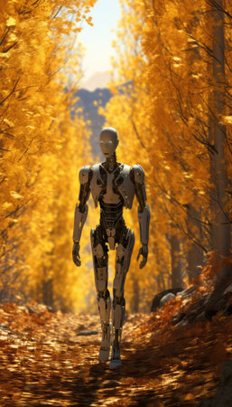 3D rendering of a female robot in a forest with yellow leavesの素材