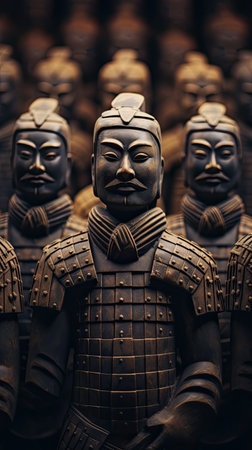 Ancient bronze statues of Japanese warriors. Selective focus.の素材