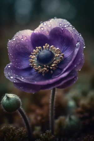 Purple anemone flower with raindrops on a dark backgroundの素材