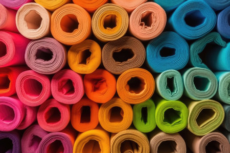 Rolls of multicolored fabric, close-up, backgroundの素材