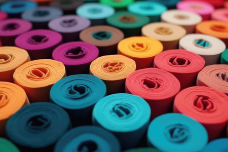 Rolls of multicolored paper for sewing, close-upの素材
