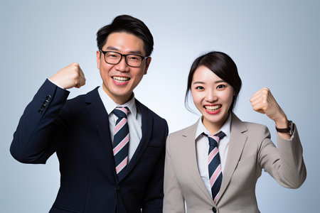 Happy asian business man and woman celebrating success isolated on white backgroundの素材