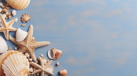 Seashells and starfish on blue wooden background with copy spaceの素材