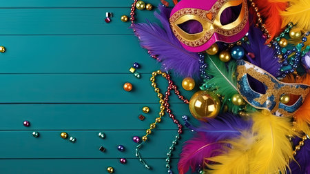 Composition with carnival masks and beads on color wooden background, top viewの素材
