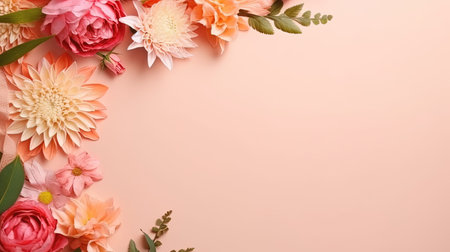 Flowers composition. Frame made of flowers on pink background. Flat lay, top view, copy spaceの素材