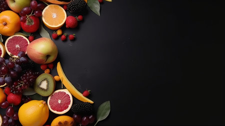 Fresh fruits on a black background. Top view with copy space.の素材