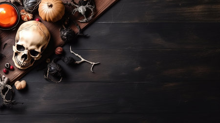 Halloween holiday background with pumpkin and skull on dark wooden table.の素材