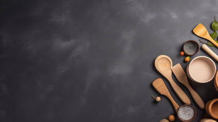 Kitchen utensils on a black background, top view.の素材